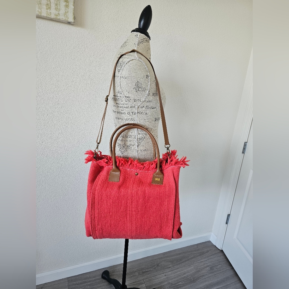 NWT TSD12 Coral Woven Boho Tote with Leather Trim & Crossbody Strap